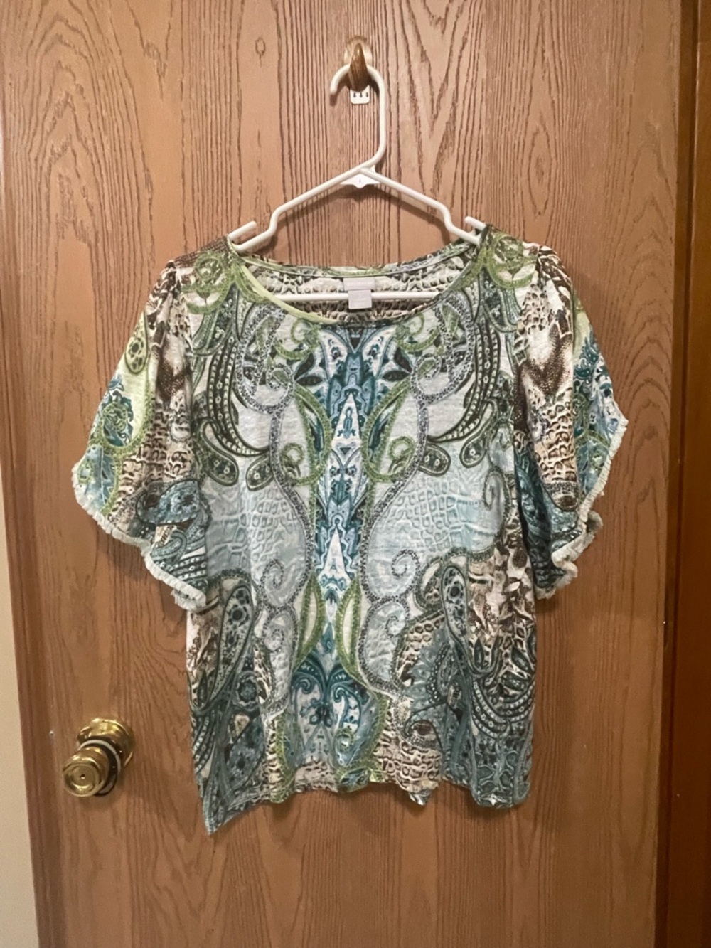 Chico's Green and Blue Paisley Short Sleeve Blouse